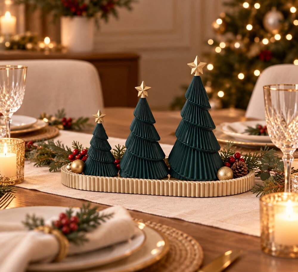 Christmas Tree Decor Set of 3 Gold Tray Elegant Holiday Table Centerpiece